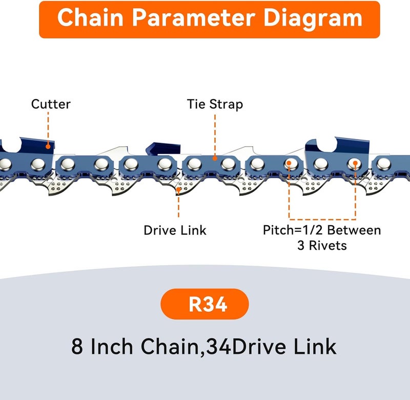 NEO-TEC 8 Inch Chainsaw Chain,3/8"LP Pitch,.043" Gauge 34 Drive Links R34 Replacement Chainsaw and Pole Saw Chain Fits for DeWalt DCPS620 Poulan Remington and More(3 Chains） - Image 3